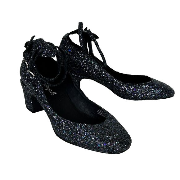 NWT Free People Lana Glitter Block 8 Heels Ankle Strap Blue Black Women's 38 7.5 - Picture 4 of 11